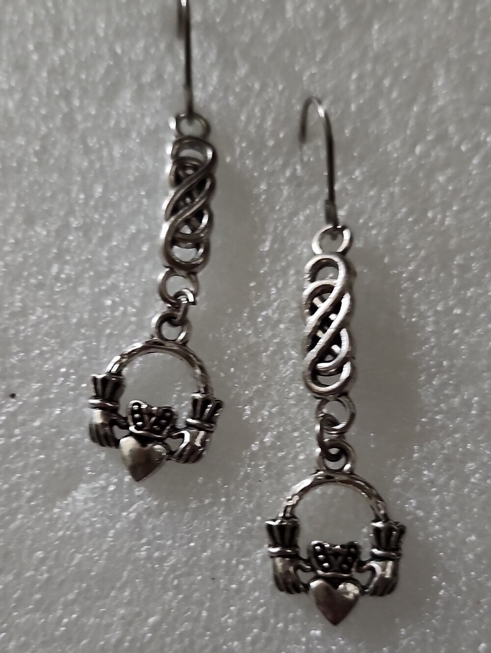 Hand Crafted Silver Tone Claddagh Dangle Earrings
